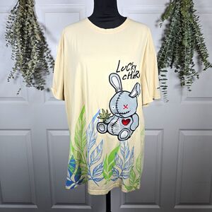 Cream BKYS Lucky Charm Graphic T-shirt Embroidered Patchwork Bunny Tall 3XL
